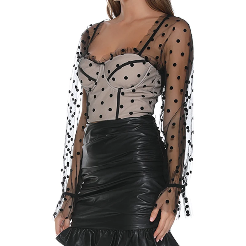 Evenworse Летняя женская короткая блузка в горошек топ с длинным прозрачным рукавом на молнии сзади с глубоким декольте - Цвет: Black