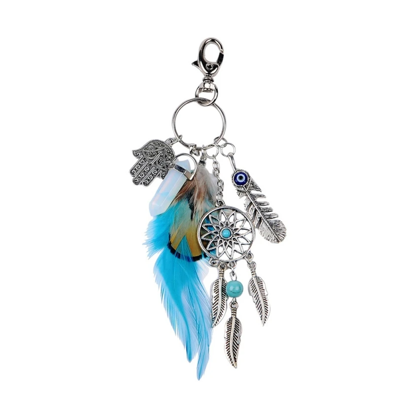 Handmade Natural Stone Keychain Dream Catcher keyring Tassels Feather