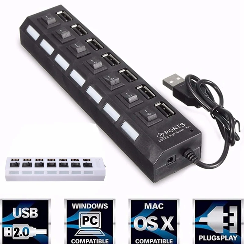 

7 Port USB HUB High Speed USB Splitter With On/Off Switch Adapter Cable Hub USB External Power For Laptop Computer Peripherals