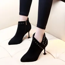 2019 Balck Ankle Boots Female Flock Leather Boots Pointed Toe High Heels Women Rivet Boots Big Size Autumn Winter Shoes CH-A0114 2019 Balck Ankle Boots Female Flock Leather Boots Pointed Toe High Heels Women Rivet Boots Big Size Autumn Winter Shoes CH-A0114