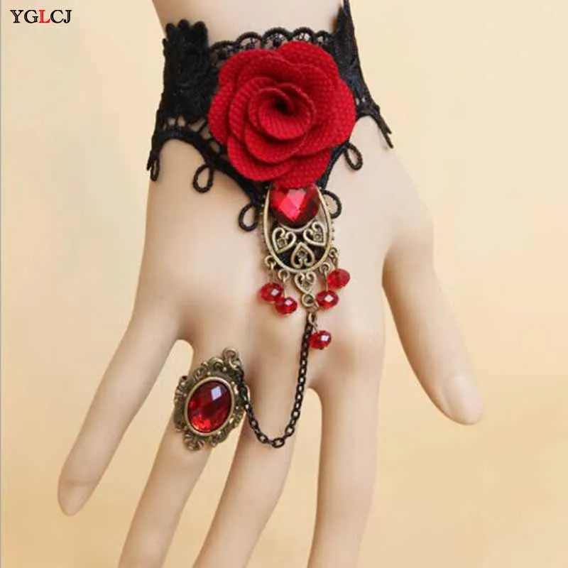 

YGLCJ Popular Vintage sexy lace red rose metal bracelet for Women Accessories Charm Bracelets for Girl Night Club Party Jewelry