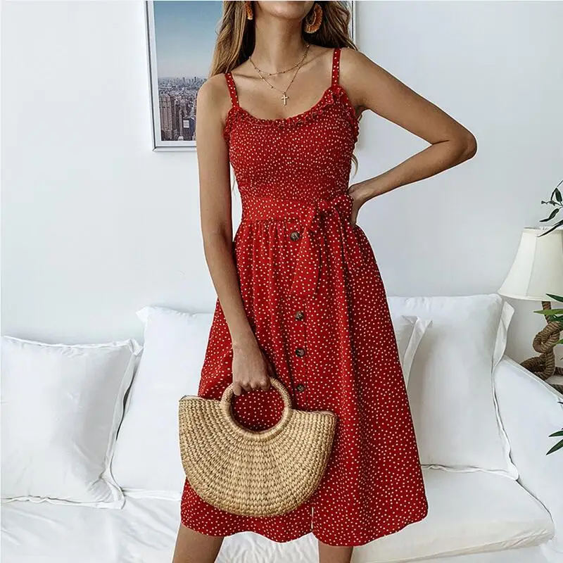 

Off Shoulder Sexy Women Polka Dot Sashes Cover UpsSleeveless 2019 Summer New Backless Buttons Dress Women Midi Dress Vestidos