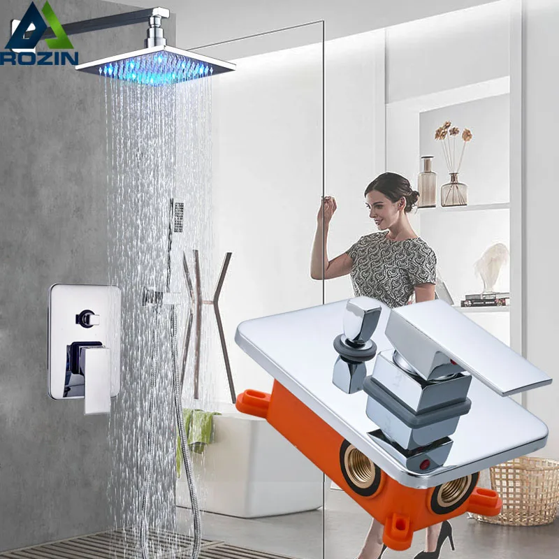 

Modern Shower Mixer Faucet LED Color Changing Shower Set with Handshower Rainfall LED light Bath Shower Wall Mount Concealed Box