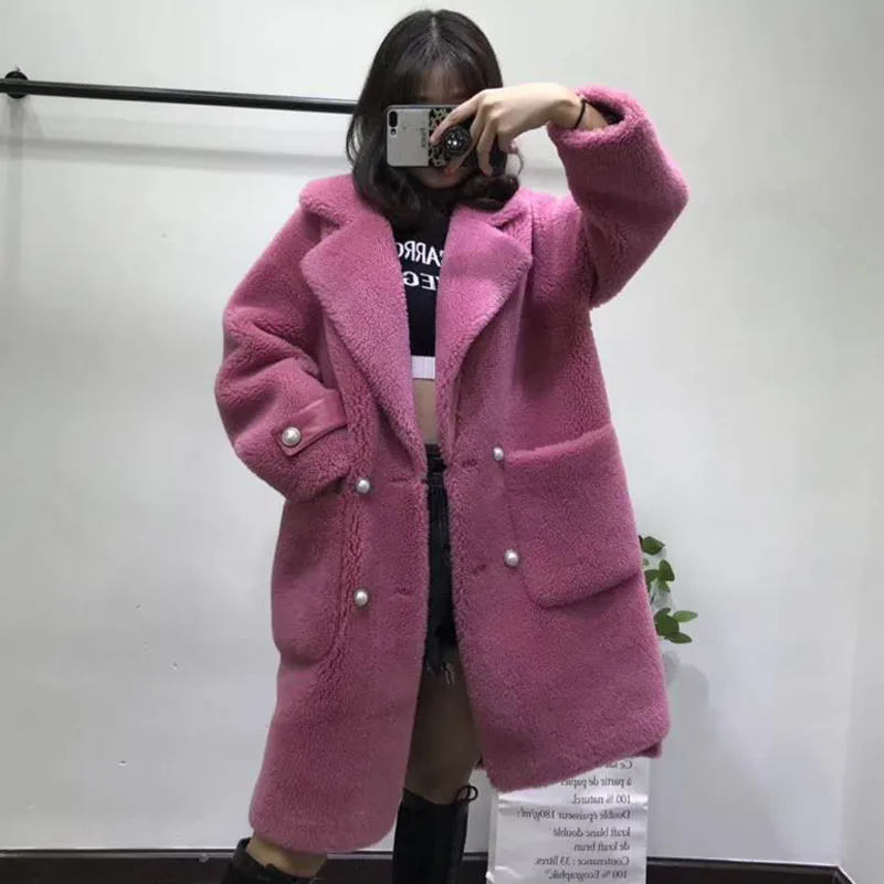 

sheep fur coat long wool parkas 2019 pink clothes plus size with Pearls winter coat women korean leather jacket turn-down collar