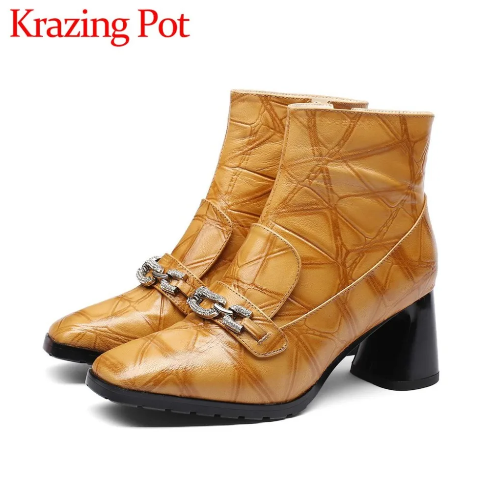 

Popular chelsea boots plus size crystals chain luxury square toe high thick heels zip sheep leather ankle boots casual shoes L59