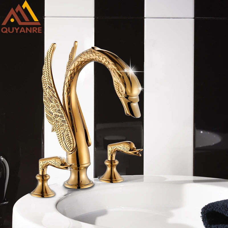 quyanre wanfan gold 3pcs swan basin faucet dual handles mixer tap hot cold water mixer tap bathroom basin sink faucet1112