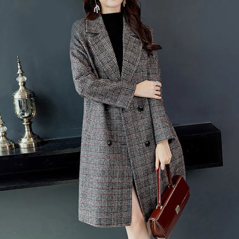 

Autumn and winter new Korean version of the retro plaid woolen coat in the long section loose woolen coat ladies coat