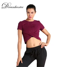 Летняя одежда для йоги, футболка с короткими рукавами, футболки для бега в спортзале, колготки, женские спортивные шорты с коротким рукавом, Быстросохнущий Топ для фитнеса, свободный однотонный