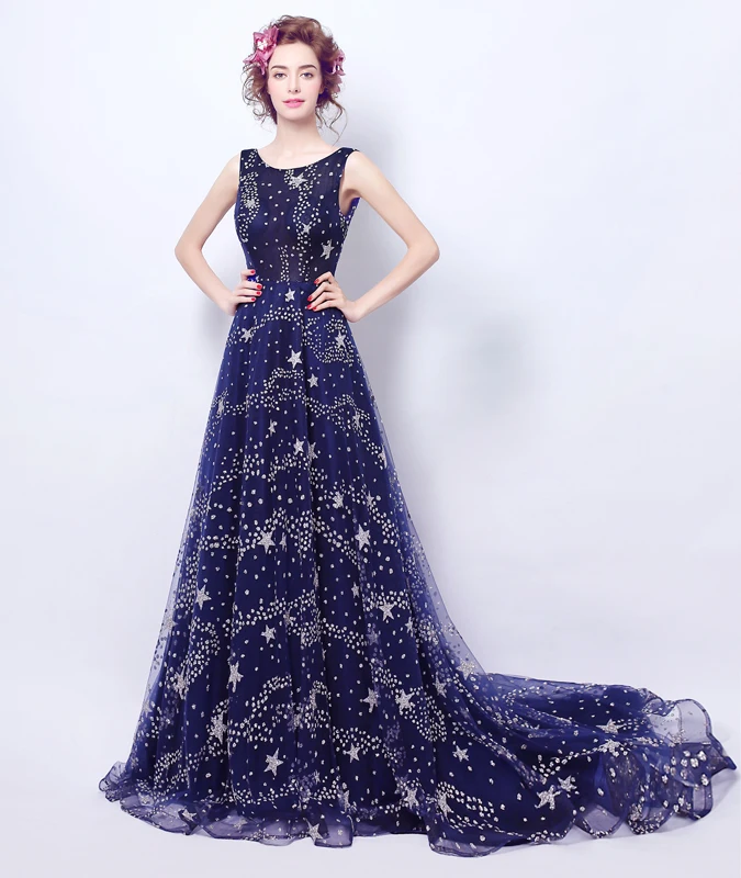 

Noble Deep V-neck on the back Starry Sky Blue Galaxy Feeling Trailing Celebirty Dress/Evening Dress AH97