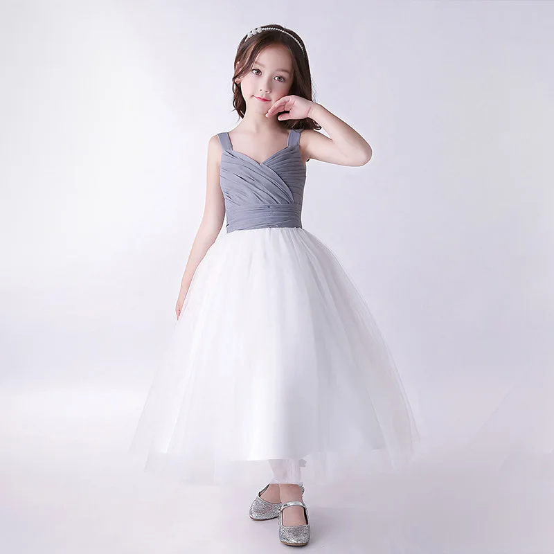 Cinza e Branco de Tule Festa de Formatura Vestido de Baile Elegante Estilo Flor Meninas Vestidos Crianças Suspender Casamento Roupas 3 de Formatura vestido de Baile Crianças Roupas