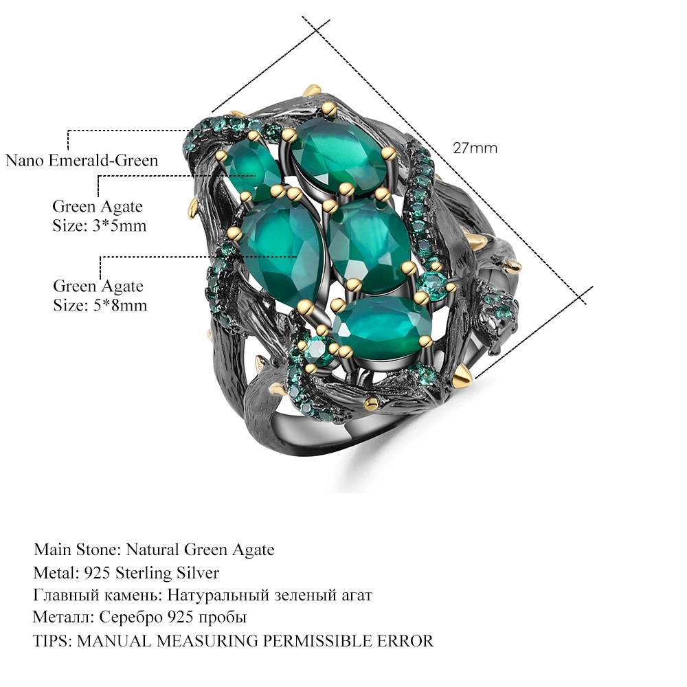 GEM'S балетное 925 пробы, серебряное кольцо ручной работы, ветка, Змеиный элемент, натуральный зеленый агат, натуральный камень, кольцо для женщин, ювелирное изделие