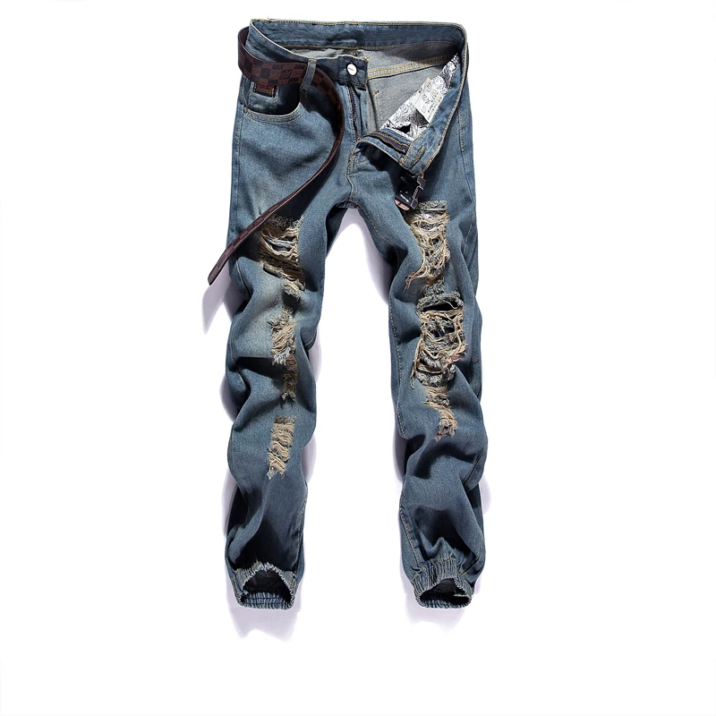 

2019 New Men Jeans Hip Hop Pants Blue Destroyed Mens Slim Denim Straight Biker Skinny Jeans For Men Ripped Blue Jeans