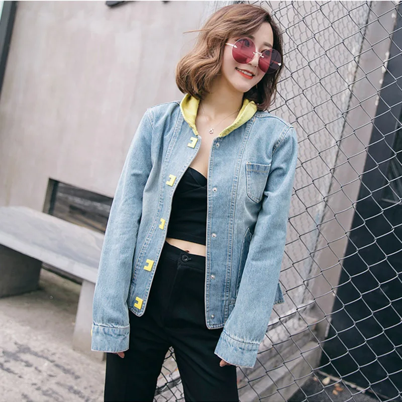 Harajuku Women Baseball Denim Jackets 2018 Yellow Collar Boyfriend Wind