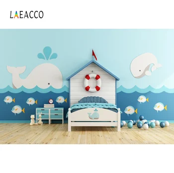 

Laeacco Baby Bedroom Fish Water Pattern Bubby Interior Photographic Background Customized Photography Backdrops For Photo Studio