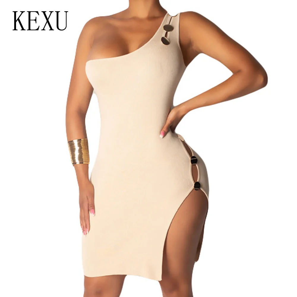 

KEXU Women High Split Hollow Out Button Slim Mini Dress Sexy One Shoulder Sleeveless Bodycon Dress Summer Party Club Dresses
