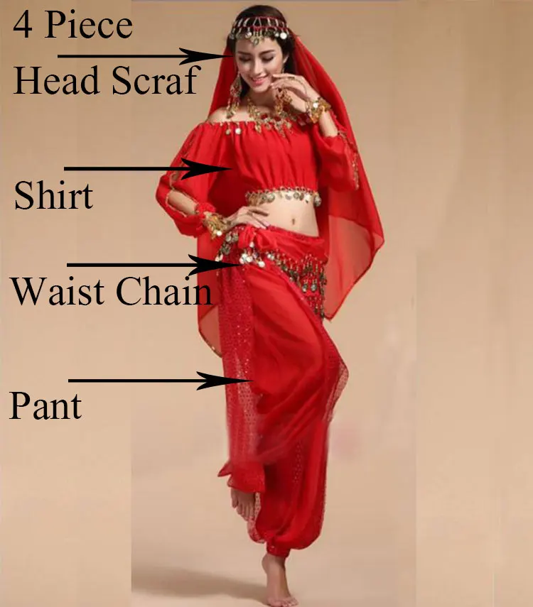 Болливудские танцевальные костюмы, индийские костюмы для танца живота, набор для женщин, шифоновые болливудские восточные костюмы для танца живота, набор для женщин - Цвет: 4 Piece Red