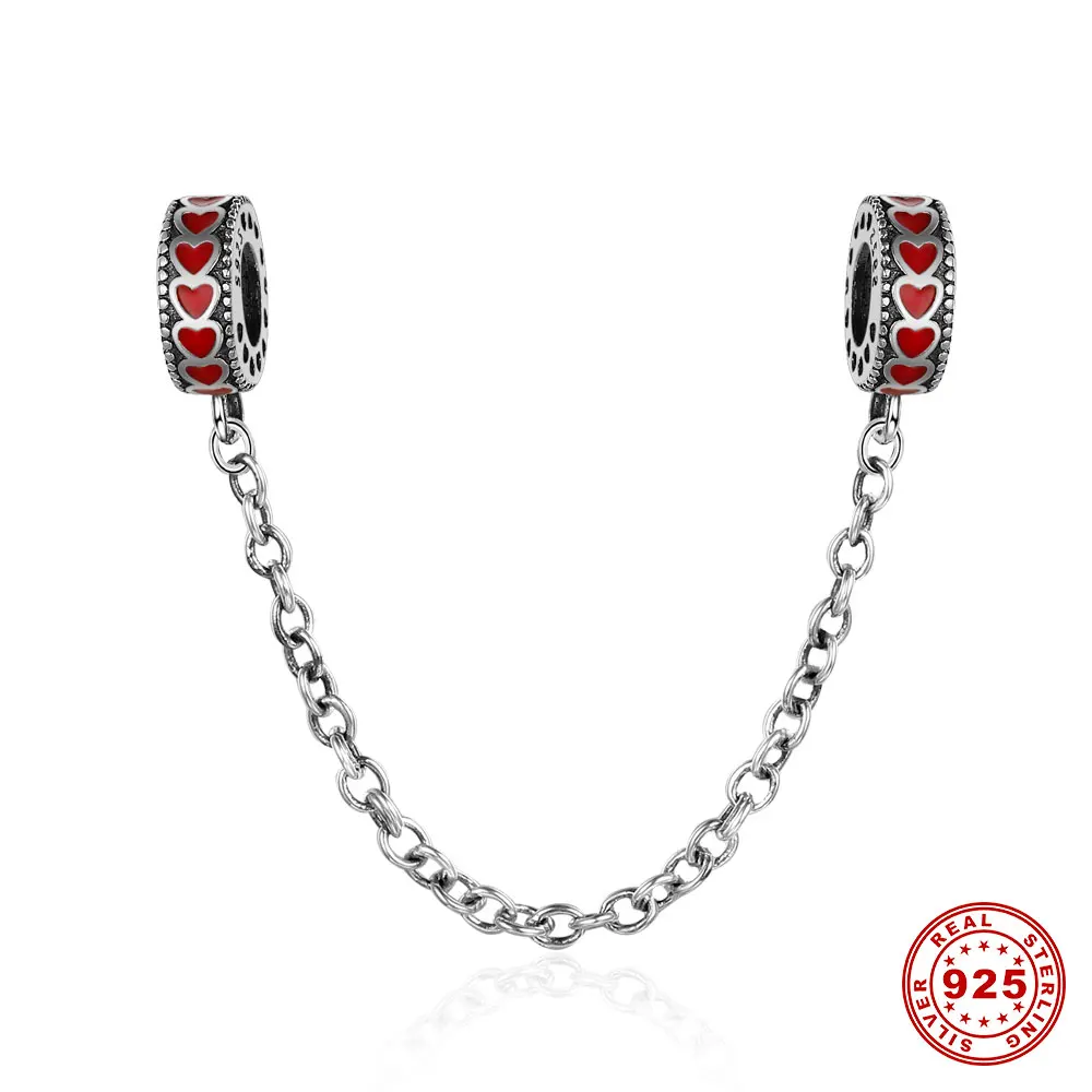 

925 Sterling Silver Bead Red Heart Safe Chain Pendant Beads Rubber big Hole Bead DIY Charm Fit For Pandora Bracelet Jewelry gift