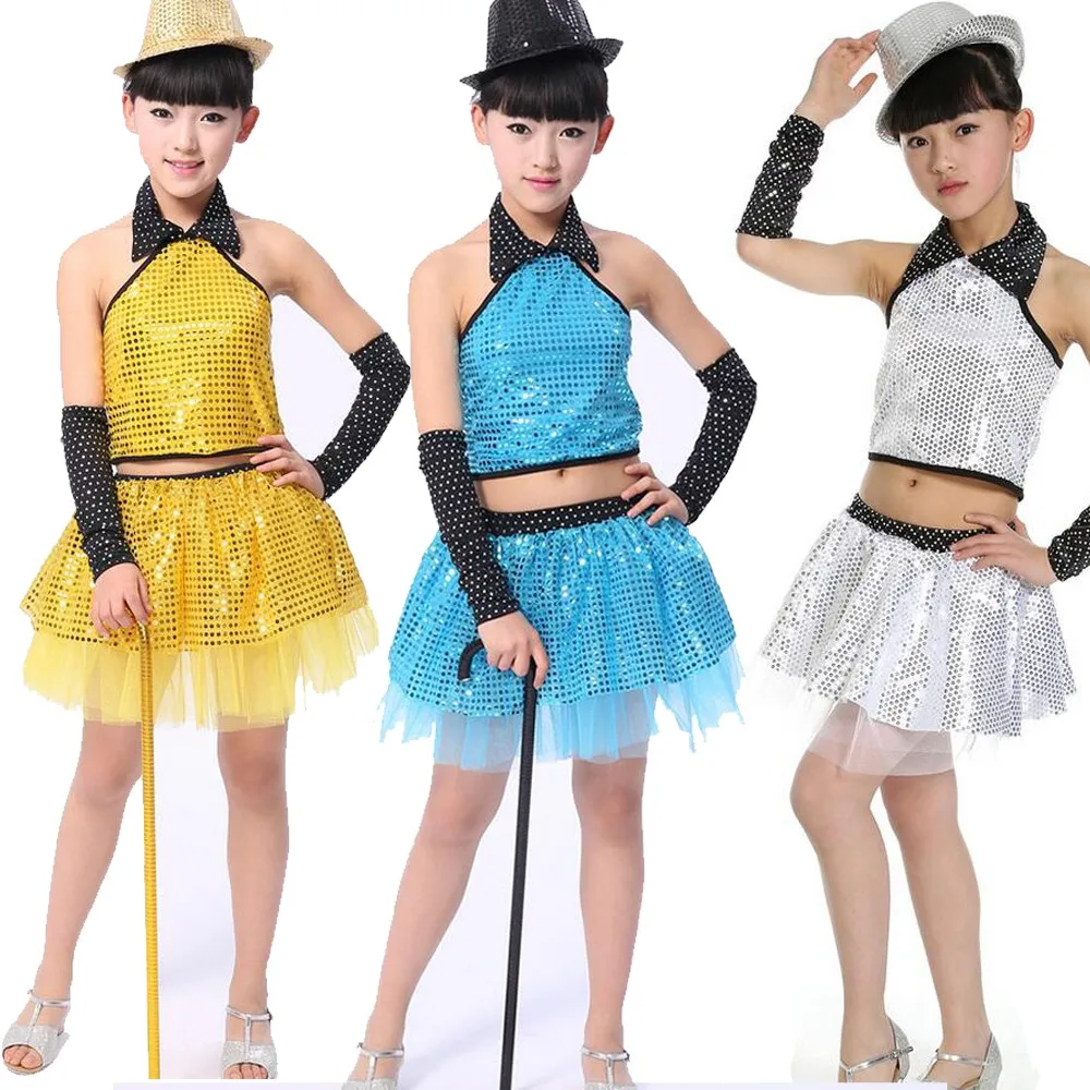 Новый Обувь для девочек блестками Современный Джаз Хип-хоп танцев детское платье для танцев костюм комплект Топ и юбка