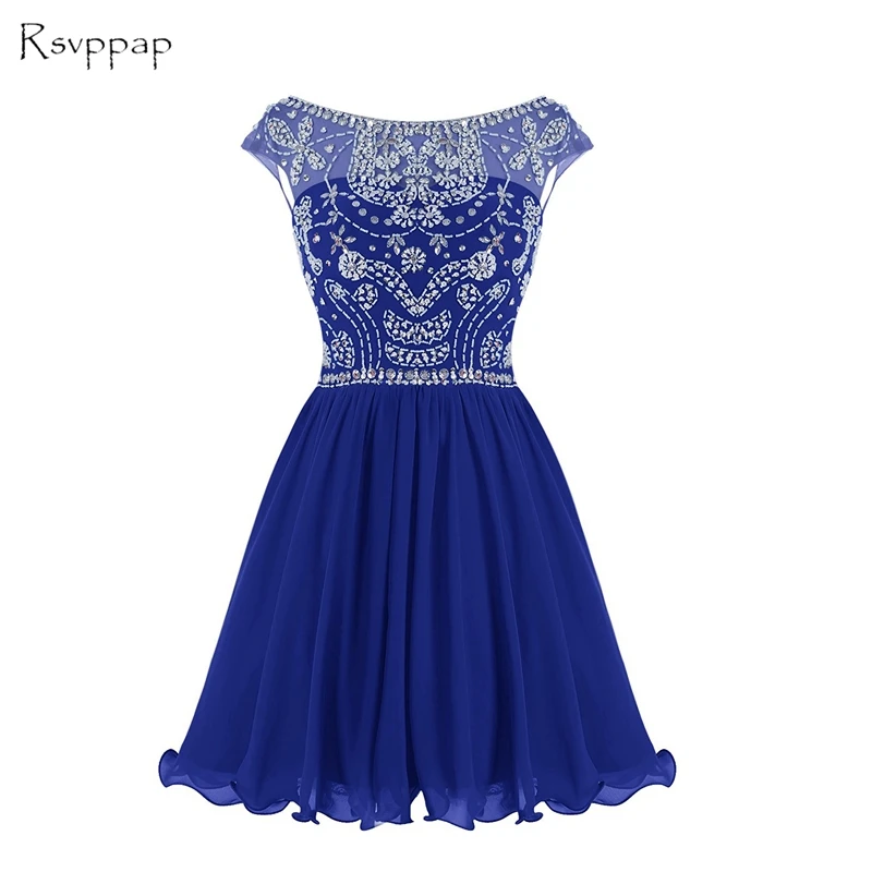 

Sparkly A-line Scalloped Neckline Beaded Crystals Mini Short Backless Royal Blue African Homecoming Dress 2020