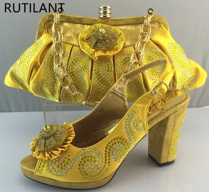Yellow Color Matching Shoes and Bag Set Decorated with Rhinestone
