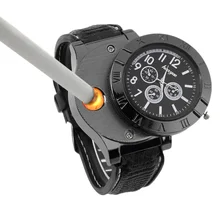 Men Wrist Watch with USB Electronic Lighter Cigarette Plasma Arc Lighters Windproof PU Band Quartz Watches Men Gadgets Gifts