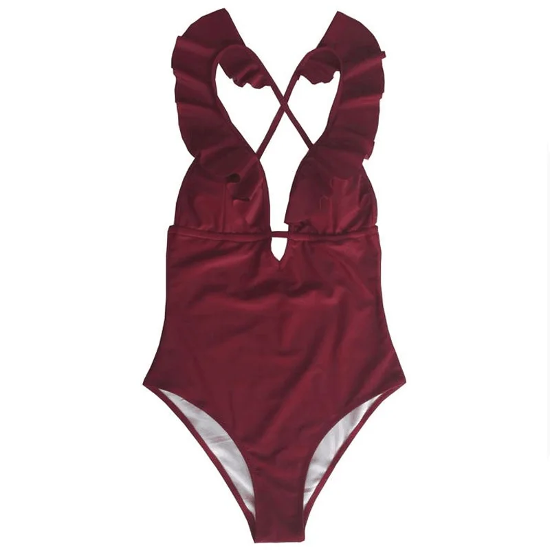 

One-Piece Swimsuit Women Ruffle V-Neck Beach Bathing Suit Swimwear Tight Swimsuit