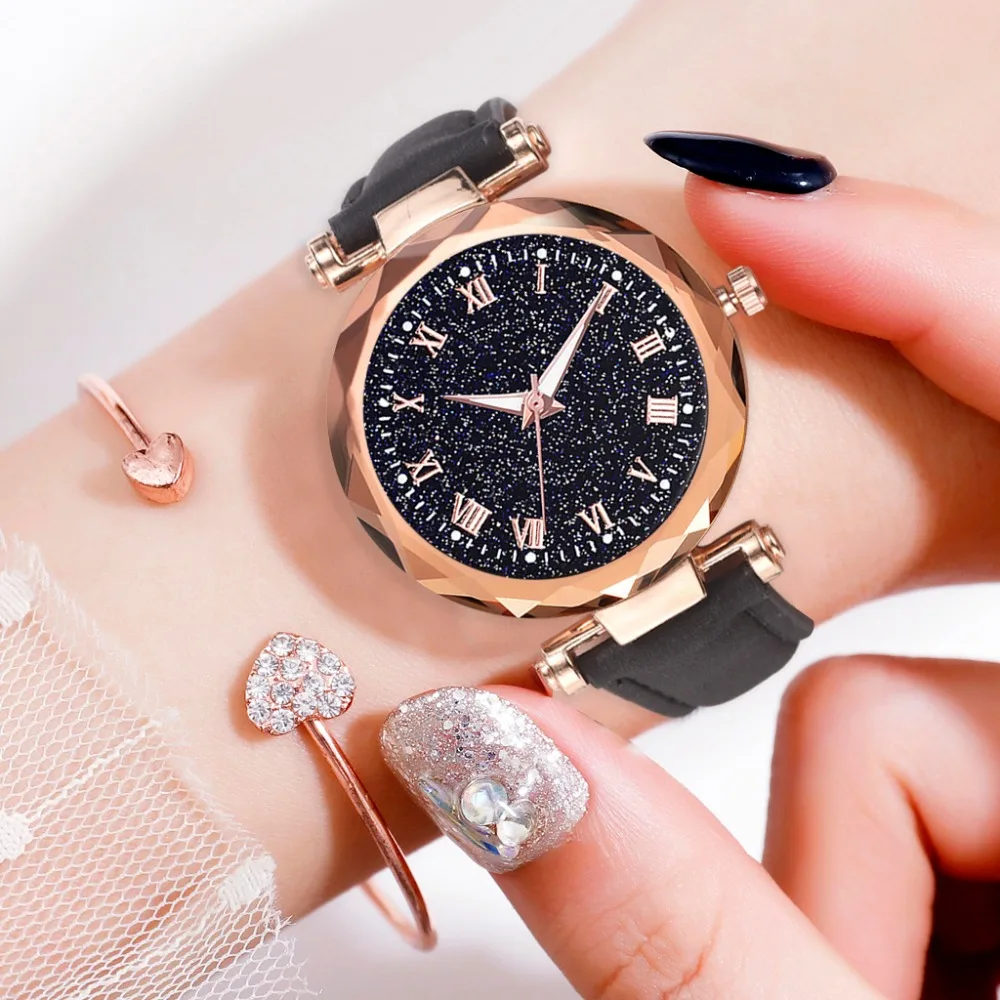 Модные женские часы с кожаным ремешком, роскошные часы, женские нарядные часы-браслет, модные Аналоговые кварцевые наручные часы с бриллиантами