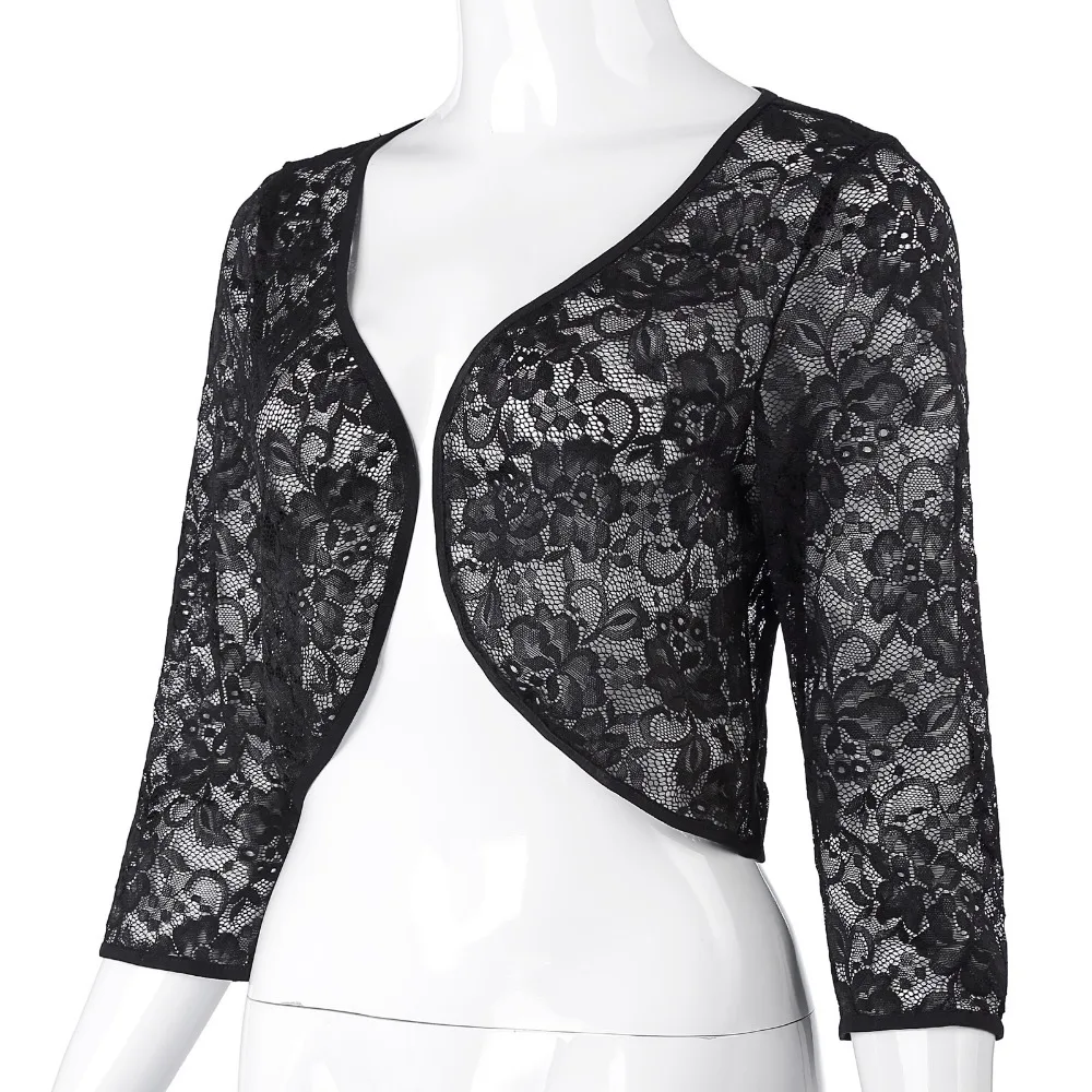 Women Jacket Black Shrug Bolero 3//4 Sleeve Cotton Open Stitch Vintage Coats