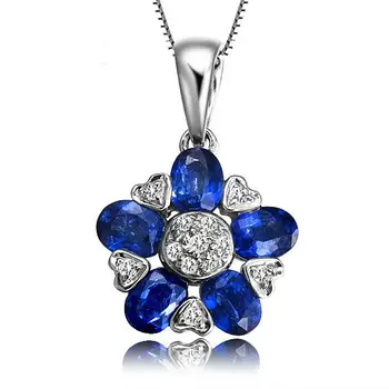 

GVBORI 18K White Gold&Sapphire Flower Gemstone Pendant With Diamond+925 Sterling silver Chain Necklace Fine Jewelry Christmas