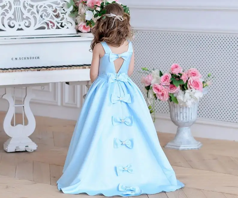 

Elegant Sky blue flower girl dresses Junior bridesmaid satin Toddler formal dress Girl tutu frocks party prom gown with train