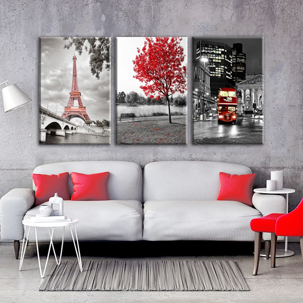 

Canvas HD Prints Pictures Wall Art 3 Pieces Paris Tower Red Bus Maple Landscape Painting Modular Poster Living Room Decor Framed