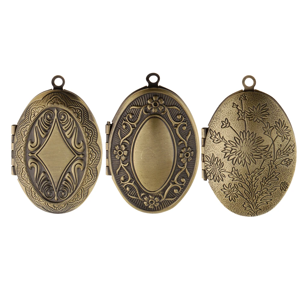 Chic Vintage Flower Engraved Photo Picture Frame Charm Oval Shape Locket Pendant DIY Jewelry