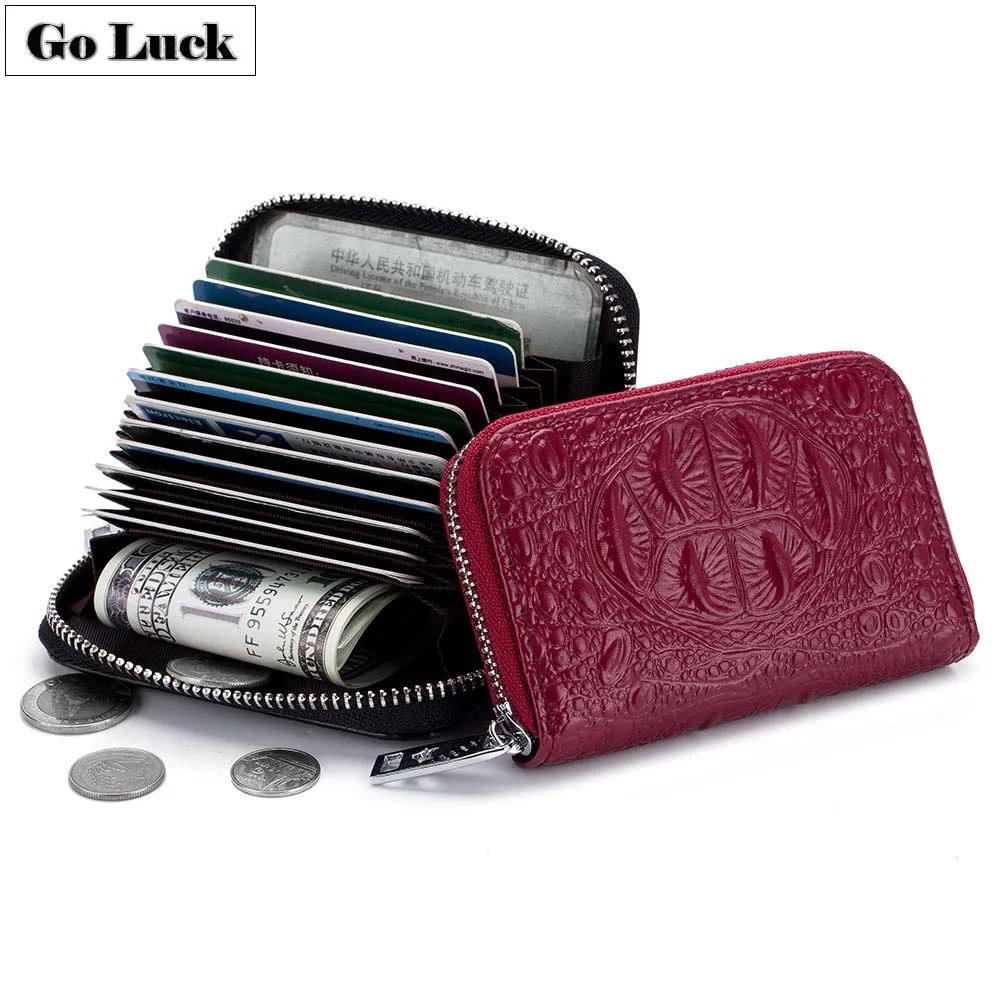 

Alligator Genuine Leather Credit ID Card Holder Wallet Women Clutch Zipper Round Card Case Wallets 12Bits