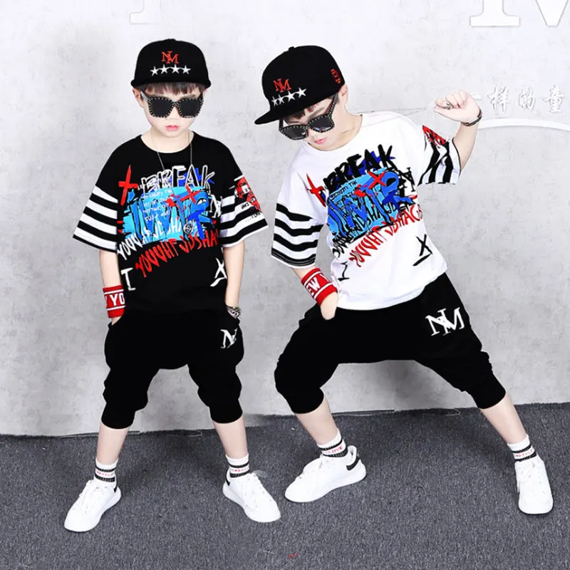 

2Pcs Summer Boys Girls Clothing Set Children Cotton Hip-hop Dancing Costumes T-shirt Haren Shorts Outfits For 6 8 10 12 14 Years