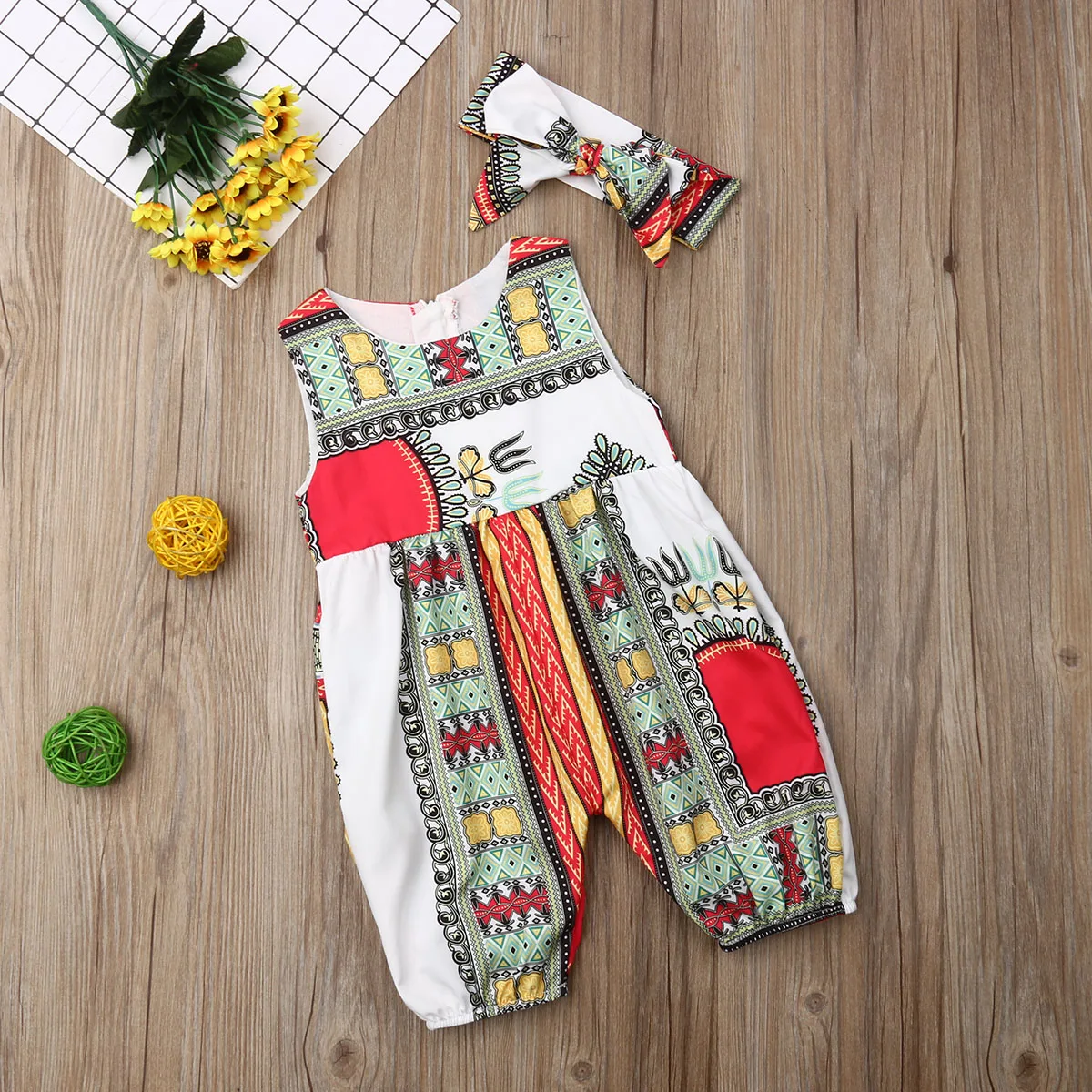 Sleeveless Baby Girl African style Jumpsuit Romper with Headband Clothes
