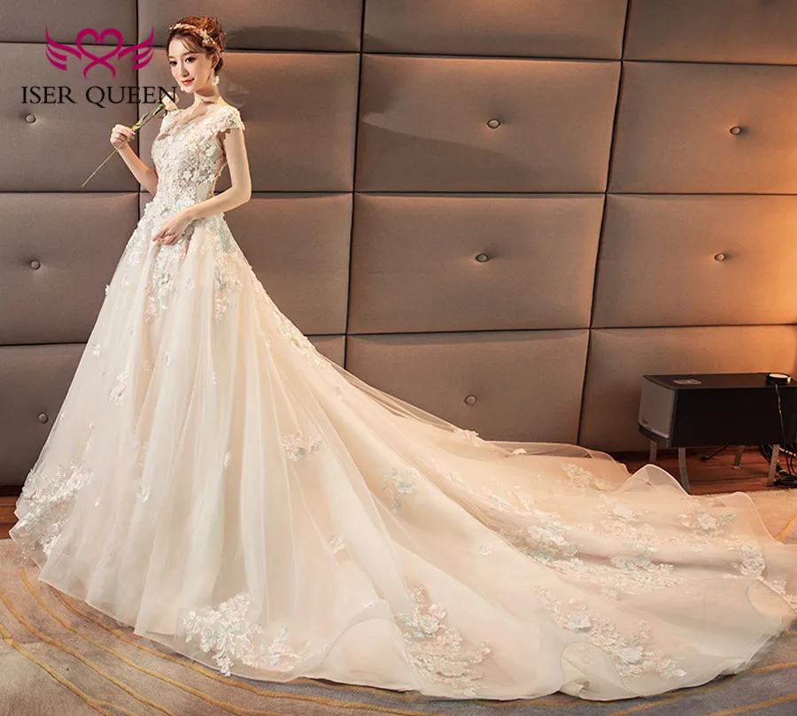 Elegant Floral Arab Long Train Wedding Dress Sheer Neck Plus Size Romantic Luxury Flower Wedding Gown Bridal Dress WX0137