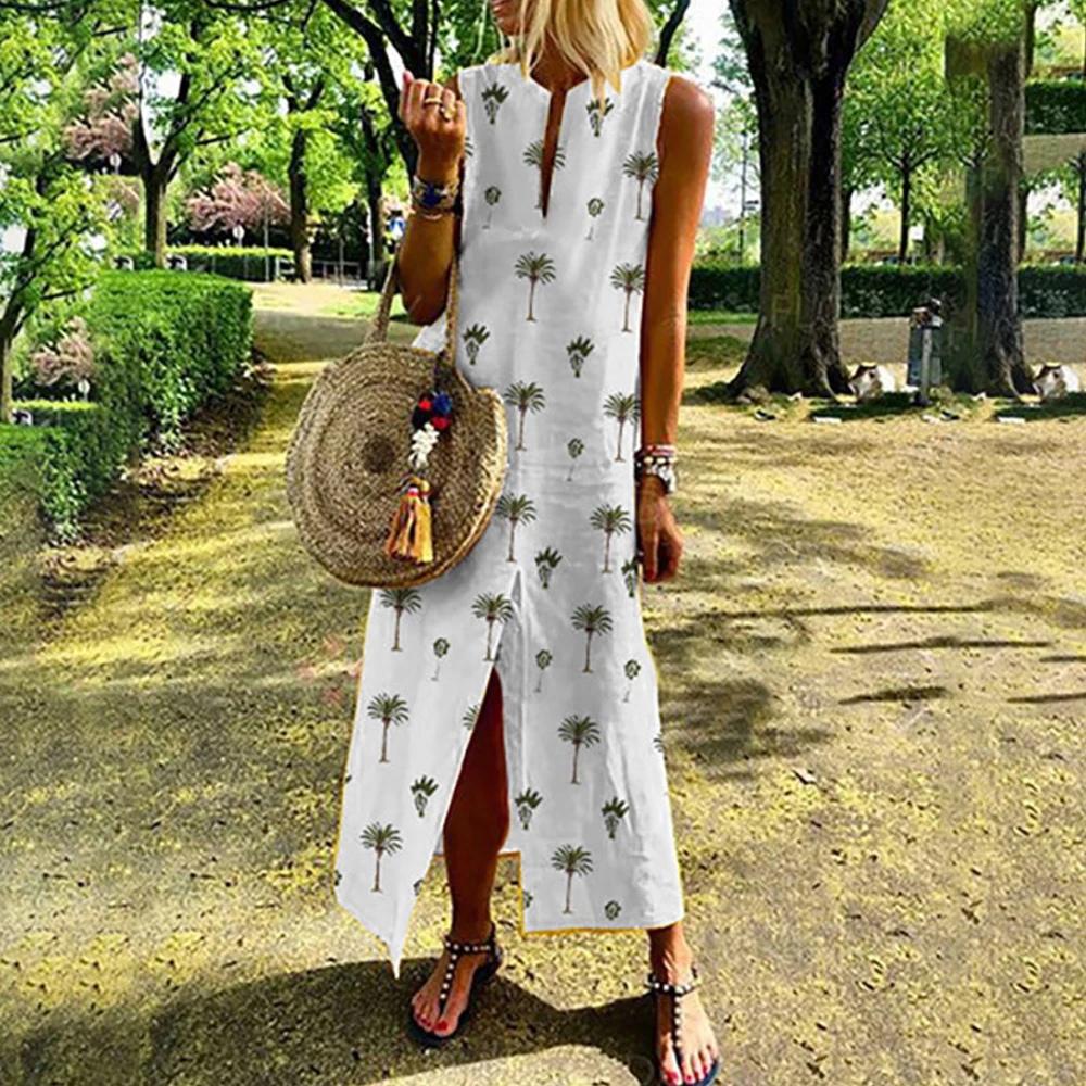 Женское Летнее Длинное Платье Макси Boho, Vestidos, повседневные Прямые платья с разрезом, женское шикарное пляжное платье, сарафан большого размера