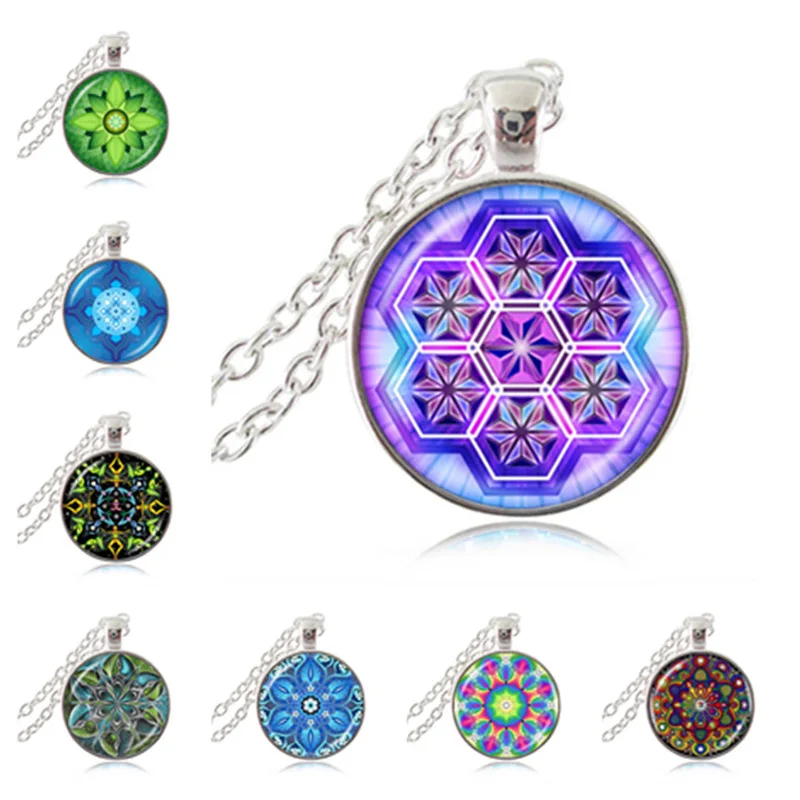 

Purple Hexagon Lotus Necklace Sacred Geometry Pendant Hindu Jewelry Mandala Om Necklace Glass Dome Yoga Pendant Fashion Choker
