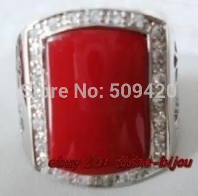 

>>Exquisite red coral silver plated men's ring, big size:12#