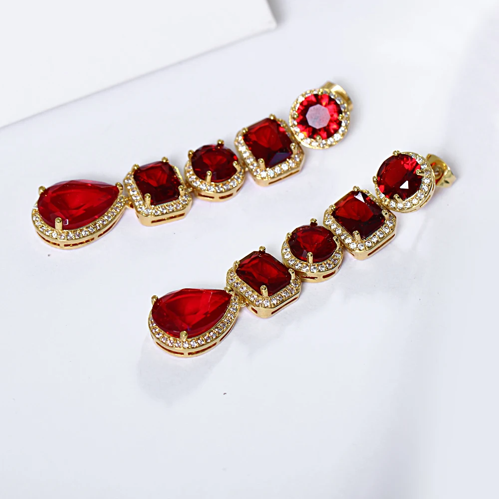 Very Long Earring Red/White Zirconia stones Female Gold-Color Jewellery Women's Big Water Drop Earrings Colorful Jewelry