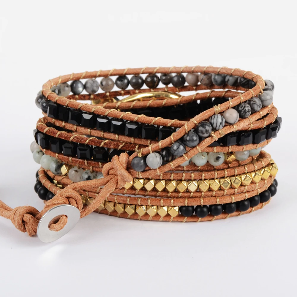 Baratos Brazaletes de cuero hechos a mano con fosils naturales negros y blancos bohemios brazalete de 5 hebras pulseras de piedra Natural únicas Dropship