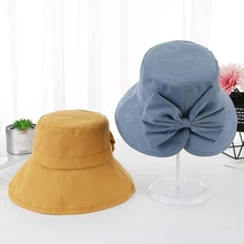 Женская панама, летние шляпы от солнца, складная Кепка для улицы Рыбацкая шляпа, одноцветная уличная хлопковая шляпа, кепки для девочек с бантом ручной работы