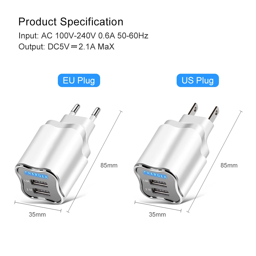 2А, двойной USB порт, настенное зарядное устройство для дома и путешествий, адаптер переменного тока, штепсельная вилка EU/US, настенное зарядное устройство для iPhone 8X7, samsung, Xiomi, LG, G6, V30