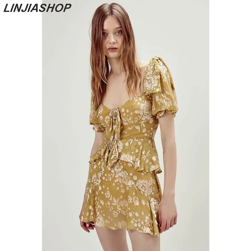 

Forlove Cosmo women's mini dress square neck with butterfly knot and zipper puff sleeve natural waist yellow summer dress