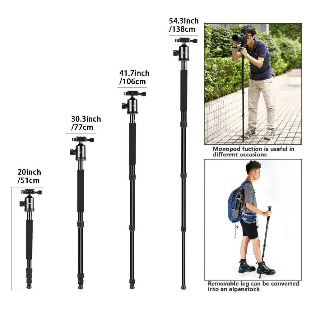 Neewer Aluminum Alloy 64 inches/162 cm Camera Travel Tripod Monopod with 360 Degree Ball Head1/4 in