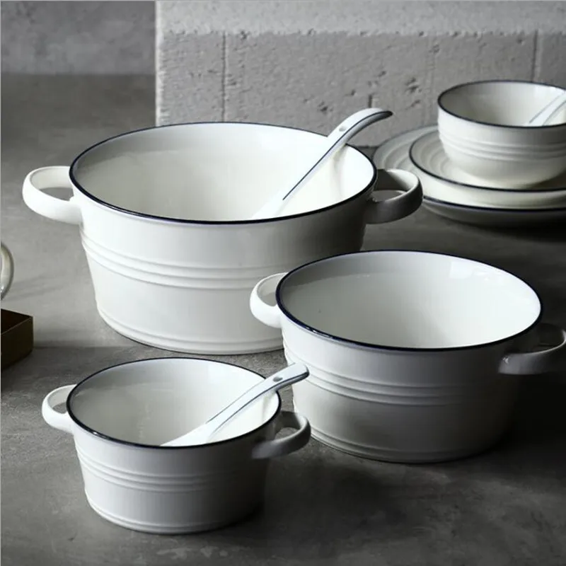 Blue Line White Ceramic Soup Bowl With Handle Nordic Western Food Container Household Pasta Dessert Plate Ceramic Tableware 1pc