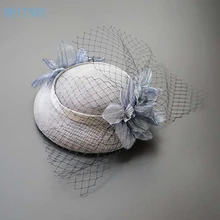 BRITNRY винтажная Серебристая розовая Свадебная шляпа с цветами и тюлем шляпка невесты высокого качества льняная вечерняя шляпа свадебные аксессуары