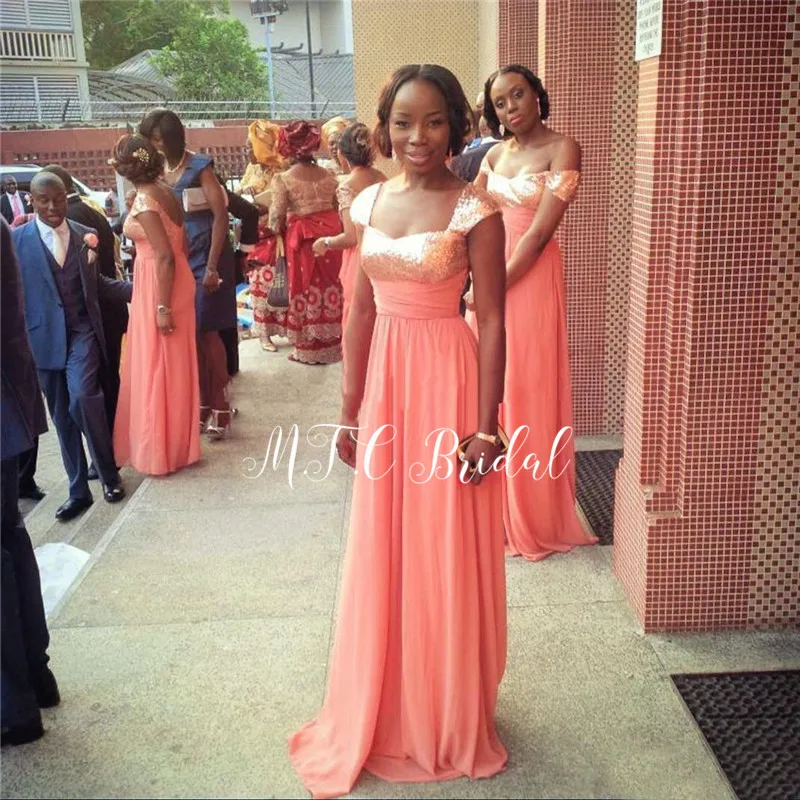 

Cheap Long Chiffon Bridesmaid Dresses With Gold Sequins 2019 Hot Selling A Line Floor Length African Maid Of Honor Dress