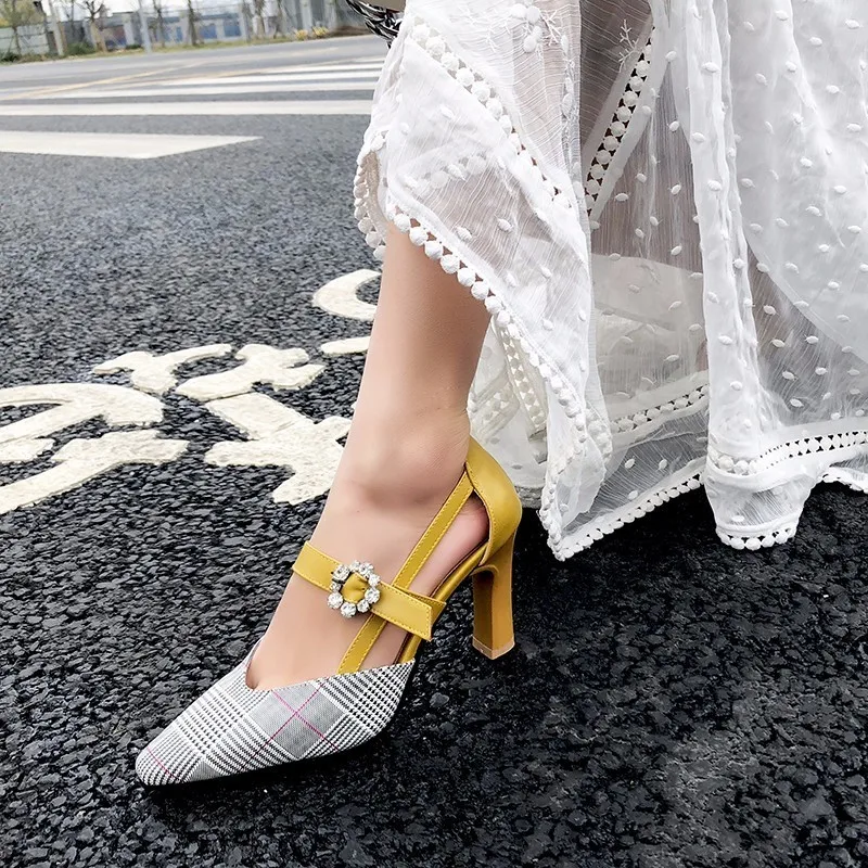 

New Arrival Fashion Spring/autumn Women Pumps Two Type High Square Heels Pointed Toe Party Buckle Strap Crystal Shallow Shoes