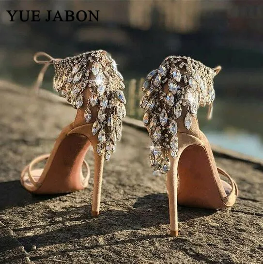 

Luxury Diamond Crystal Embellished Fringed Gladiator Sandals Women Ankle Tie Stiletto High Heels 10cm Women party shoes